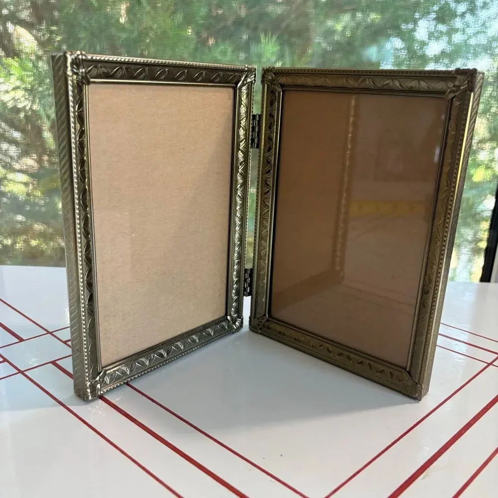Vintage Double 5x7 Hinged Picture Frame Ornate Gold Tone Metal Folding Frame